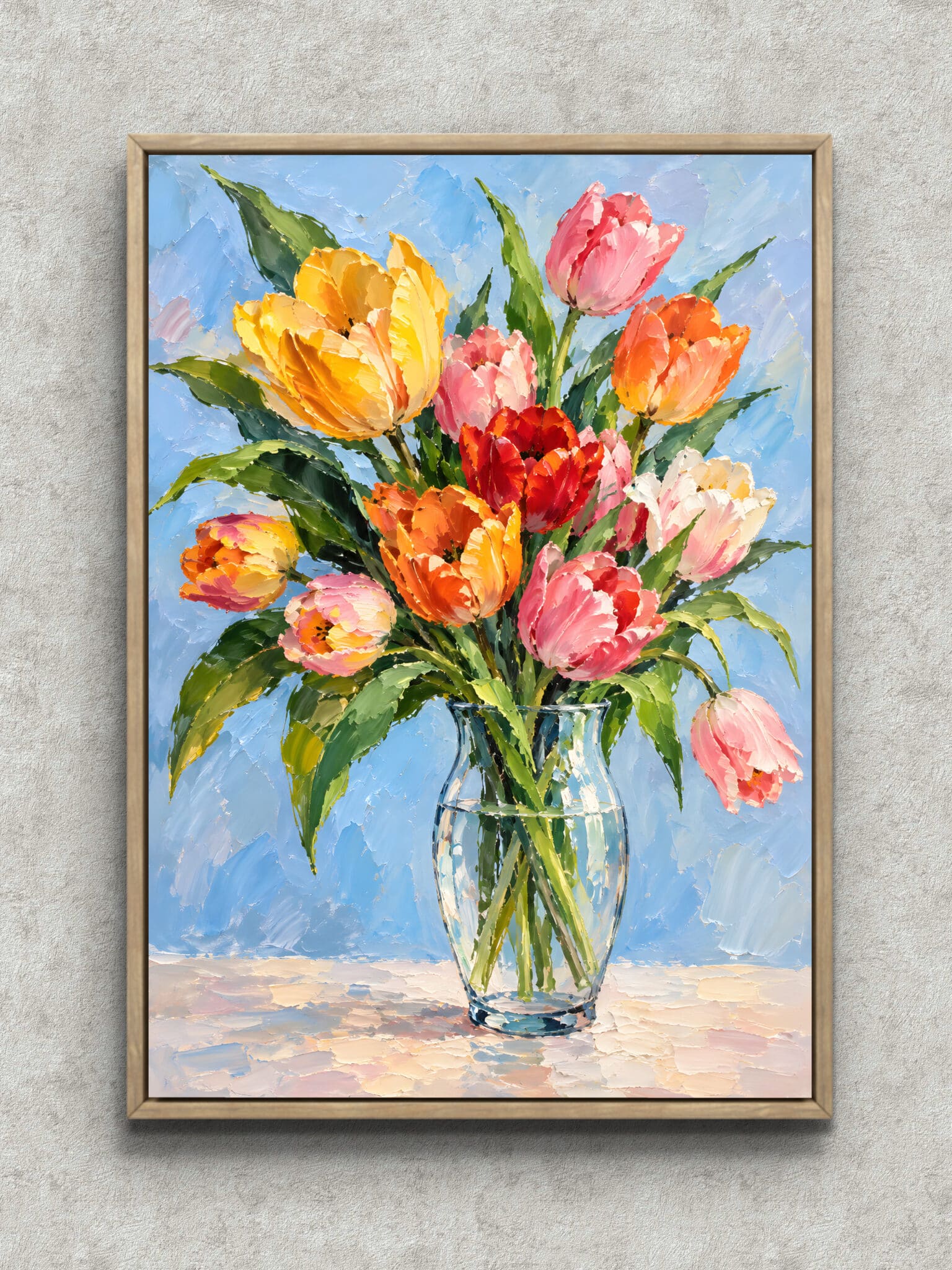 spring-tulip-flower-art-panel-main-1-ma-11157.jpg 色とりどりのチューリップをガラス花瓶に生けた春らしいフラワーアートパネル フレーム設置イメージ