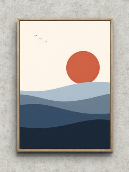 大きな夕陽と波形の地平を描いた幾何学 インテリアアート フレーム設置イメージ