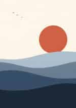 大きな夕陽と波形の地平を描いた幾何学 インテリアアート