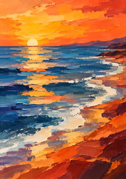 夕日が海面に映る岩場の海景を描いた風景アートパネル