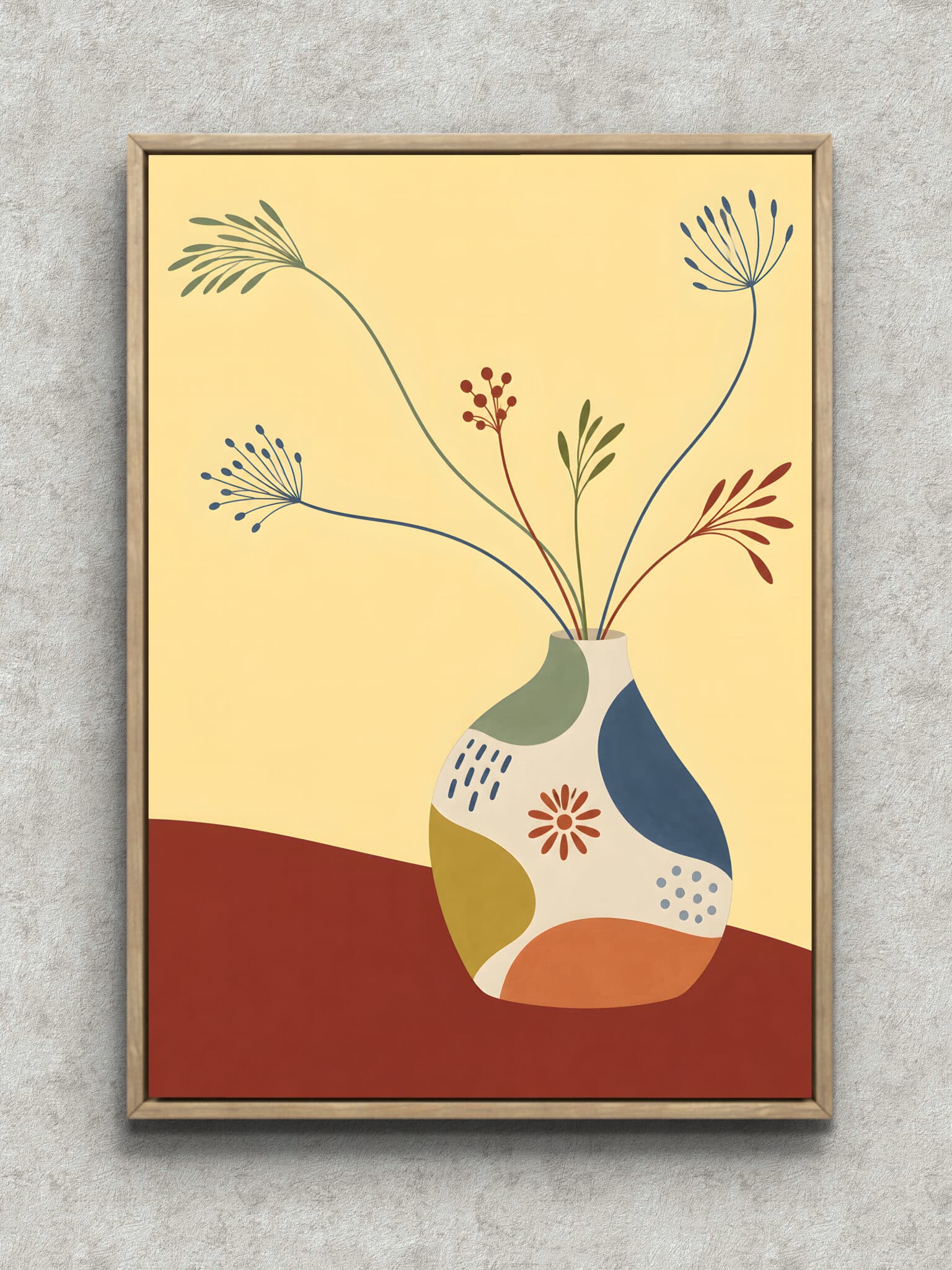 vase-flower-panel-main-1-ma-11125.jpg 花瓶から細い草花が広がる生成りベースのフラワーアートパネル フレーム設置イメージ