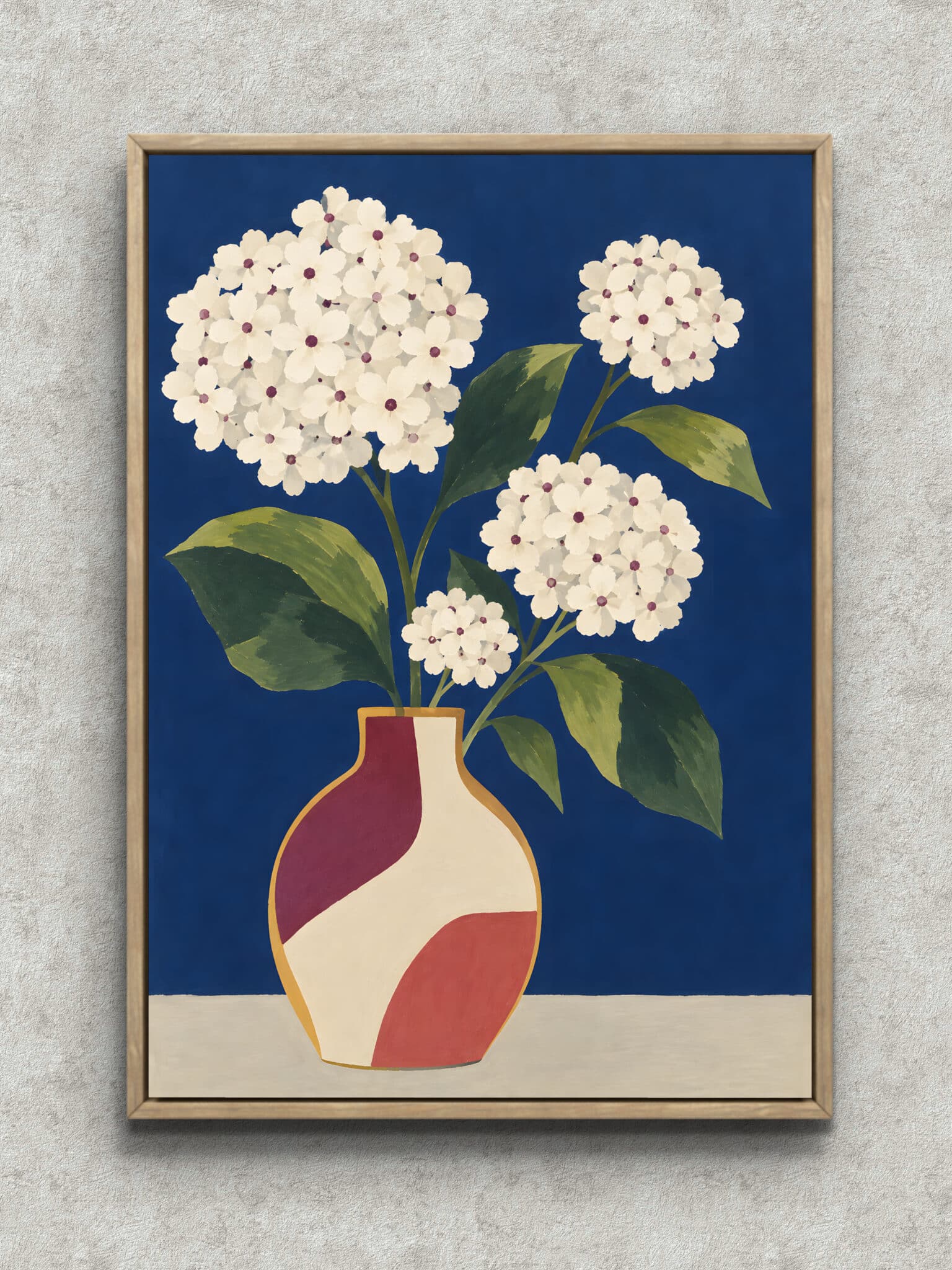 white-floral-leaf-art-panel-main-1-ma-11140.jpg 濃紺の背景に白い花房と大きな葉を描いたボタニカルアートパネル フレーム設置イメージ