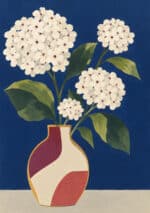 濃紺の背景に白い花房と大きな葉を描いたボタニカルアートパネル