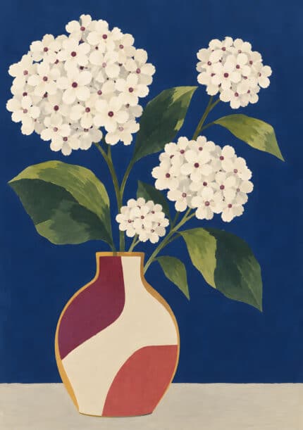 濃紺の背景に白い花房と大きな葉を描いたボタニカルアートパネル