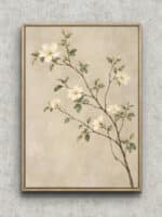 白い花と斜めの枝を淡い背景に描いたナチュラル 絵画のアートパネル フレーム設置イメージ