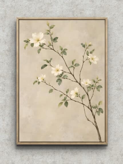 白い花と斜めの枝を淡い背景に描いたナチュラル 絵画のアートパネル フレーム設置イメージ