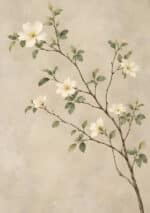 白い花と斜めの枝を淡い背景に描いたナチュラル 絵画のアートパネル