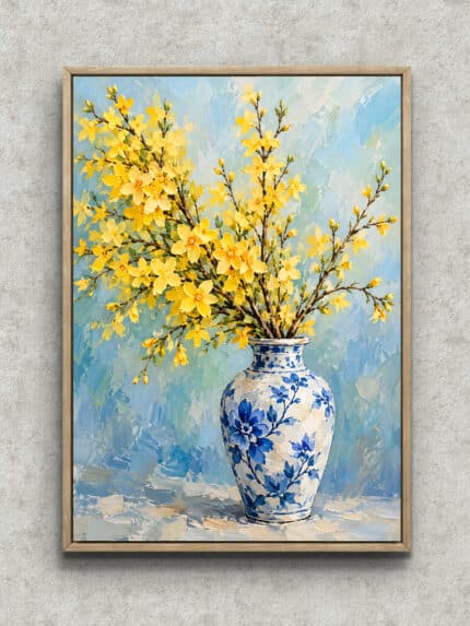 青白の花瓶に黄色い花枝を生けたやわらかな静物アートのアートパネル フレーム設置イメージ