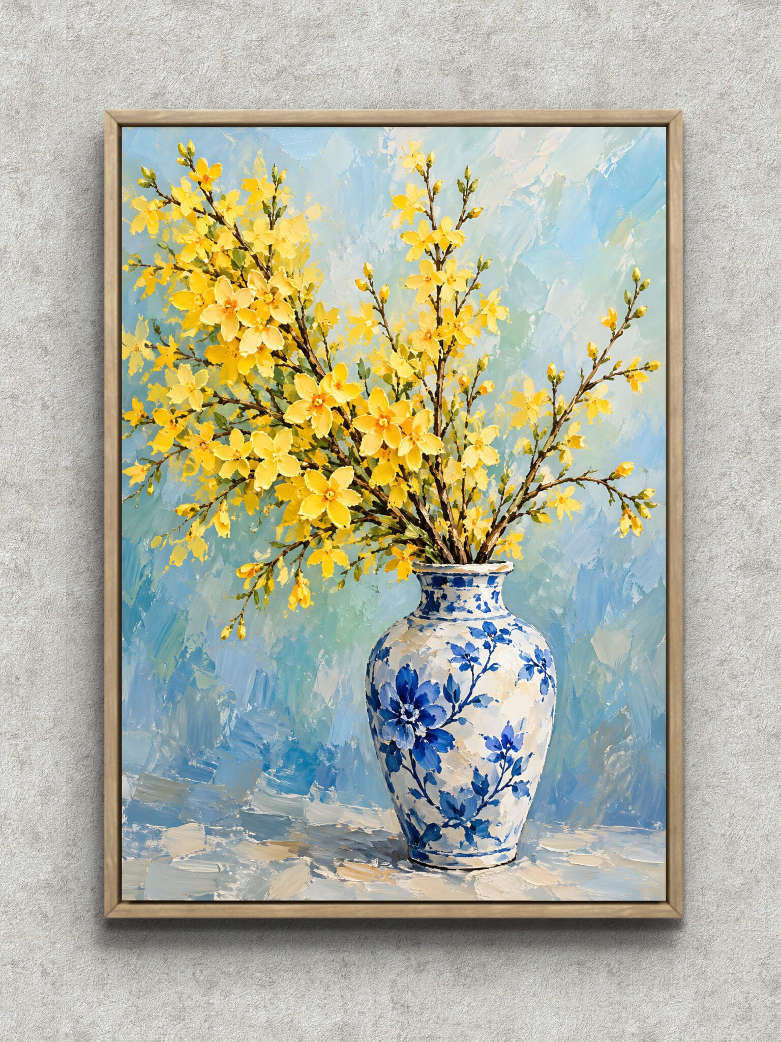 yellow-branch-still-life-art-main-1-ma-11163.jpg 青白の花瓶に黄色い花枝を生けたやわらかな静物アートのアートパネル フレーム設置イメージ