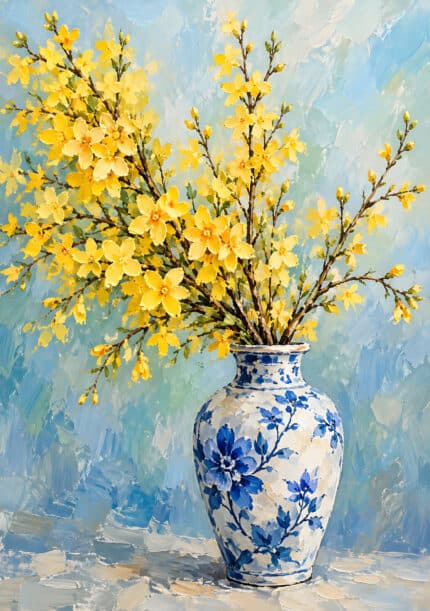 青白の花瓶に黄色い花枝を生けたやわらかな静物アートのアートパネル