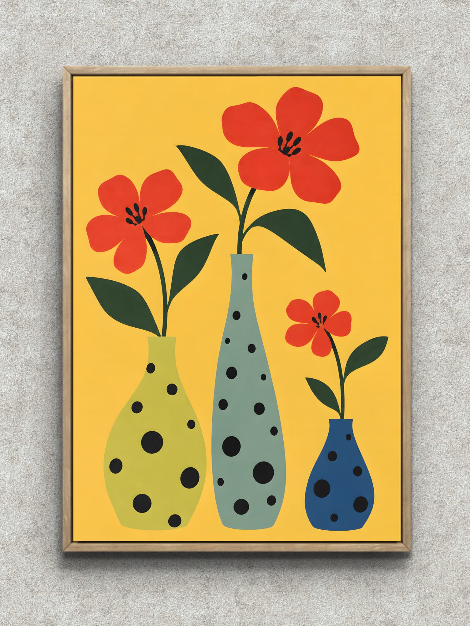 yellow-red-floral-leaf-interior-art-main-1-ma-11136.jpg 黄色の背景に赤い花と三つの器を描いたリーフ インテリアアート フレーム設置イメージ
