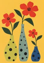 黄色の背景に赤い花と三つの器を描いたリーフ インテリアアート