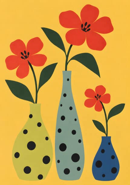 黄色の背景に赤い花と三つの器を描いたリーフ インテリアアート