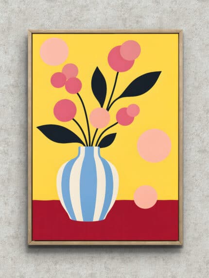 黄色の背景に青白い花瓶と丸い花を描いたフラワーアートパネル フレーム設置イメージ