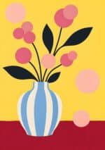 黄色の背景に青白い花瓶と丸い花を描いたフラワーアートパネル