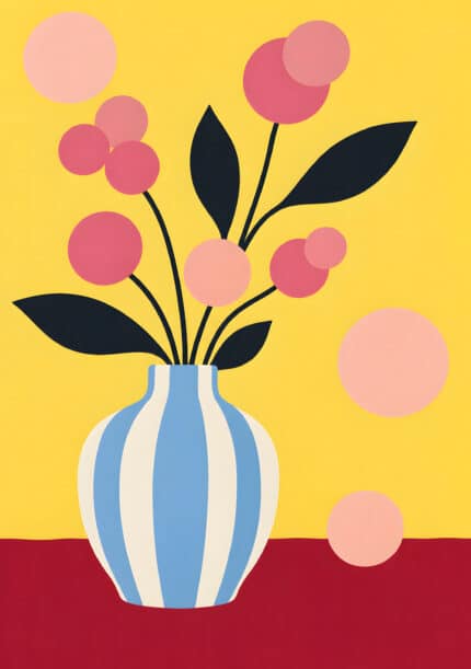 黄色の背景に青白い花瓶と丸い花を描いたフラワーアートパネル